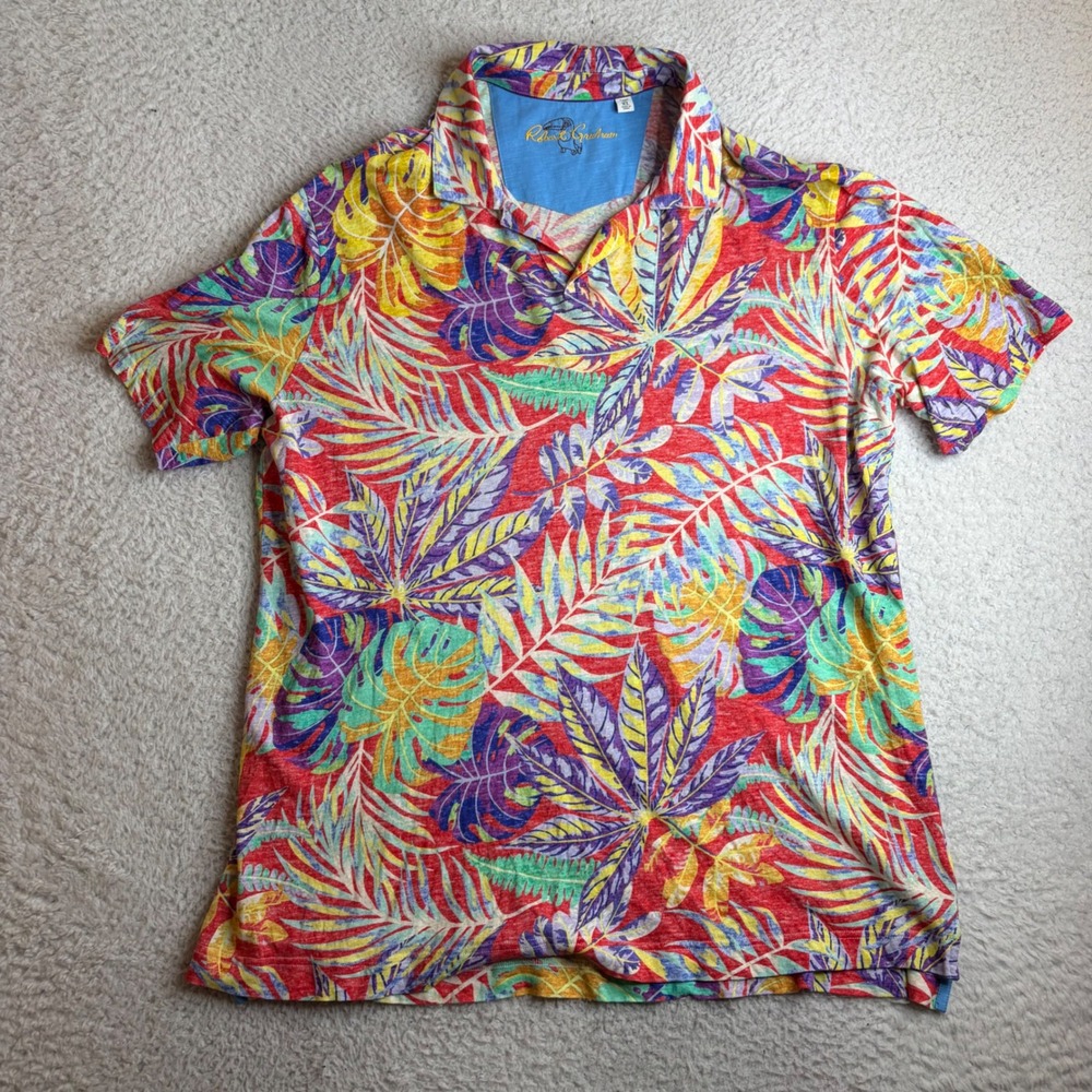 Robert Graham Mens XL Classic Fit Tropical Leaf Linen Cotton Polo Shirt Multi